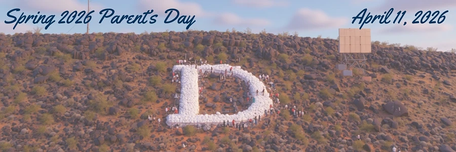 A group of people forms the letter "D" on a rocky hill, with text reading "Spring 2026 Parent's Day" and "April 11, 2026" against a background of scattered shrubs and rocks.